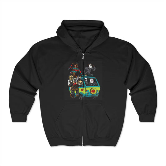 Unisex Zip Hoodie with Retro Horror Design - Perfect for Halloween and Movie Nights