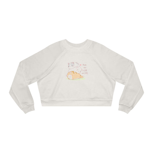 Cats and Love Graphic Women's Cropped Fleece Pullover - Perfect for Cozy Days